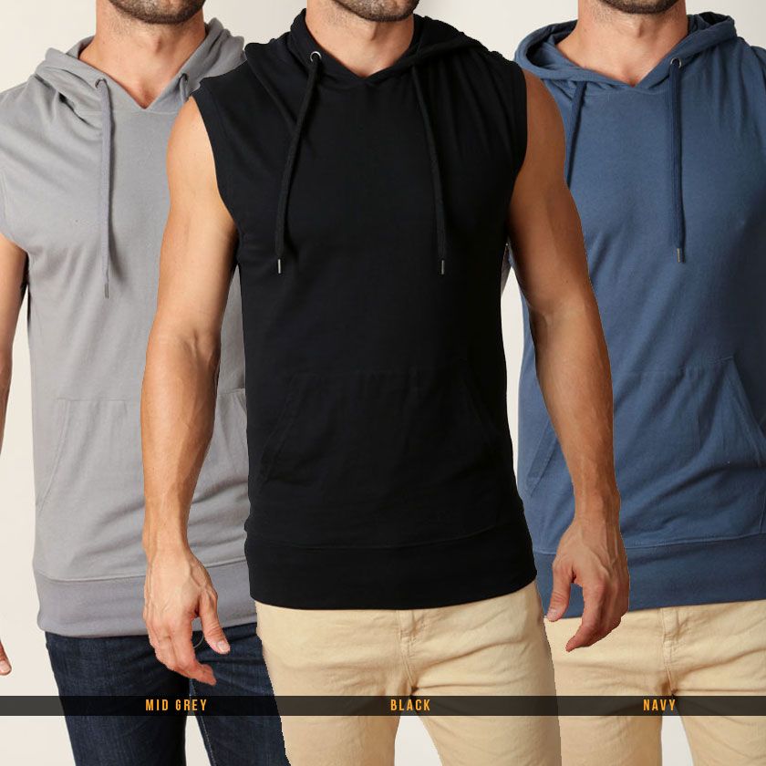 Mens Sleeveless Hoody NEW Lightweight Hoodie Tee with cut off Sleeves